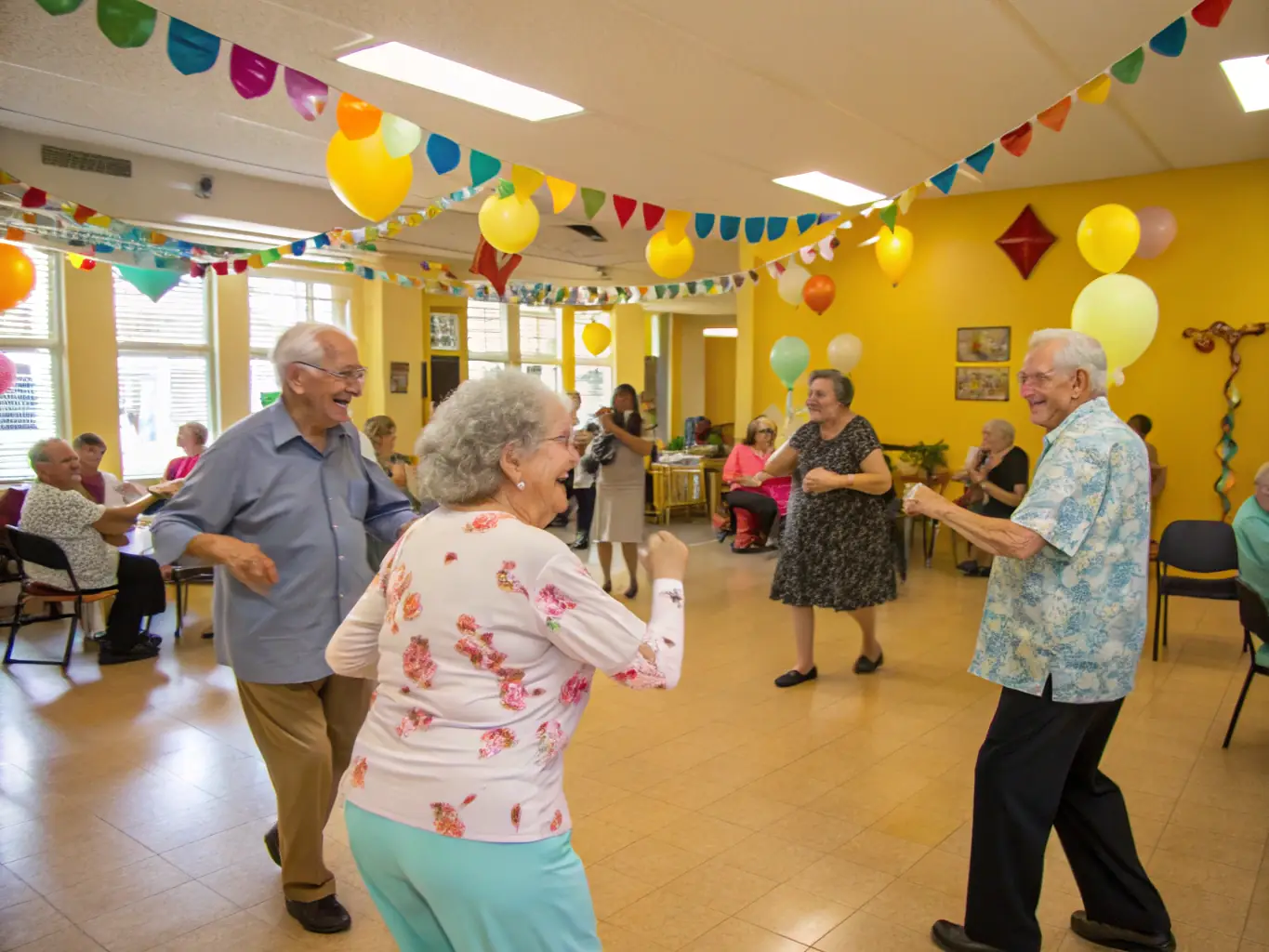 A group of seniors enjoying a social dance session, with music playing and participants laughing and interacting positively. The setting is a community hall decorated for a festive occasion.