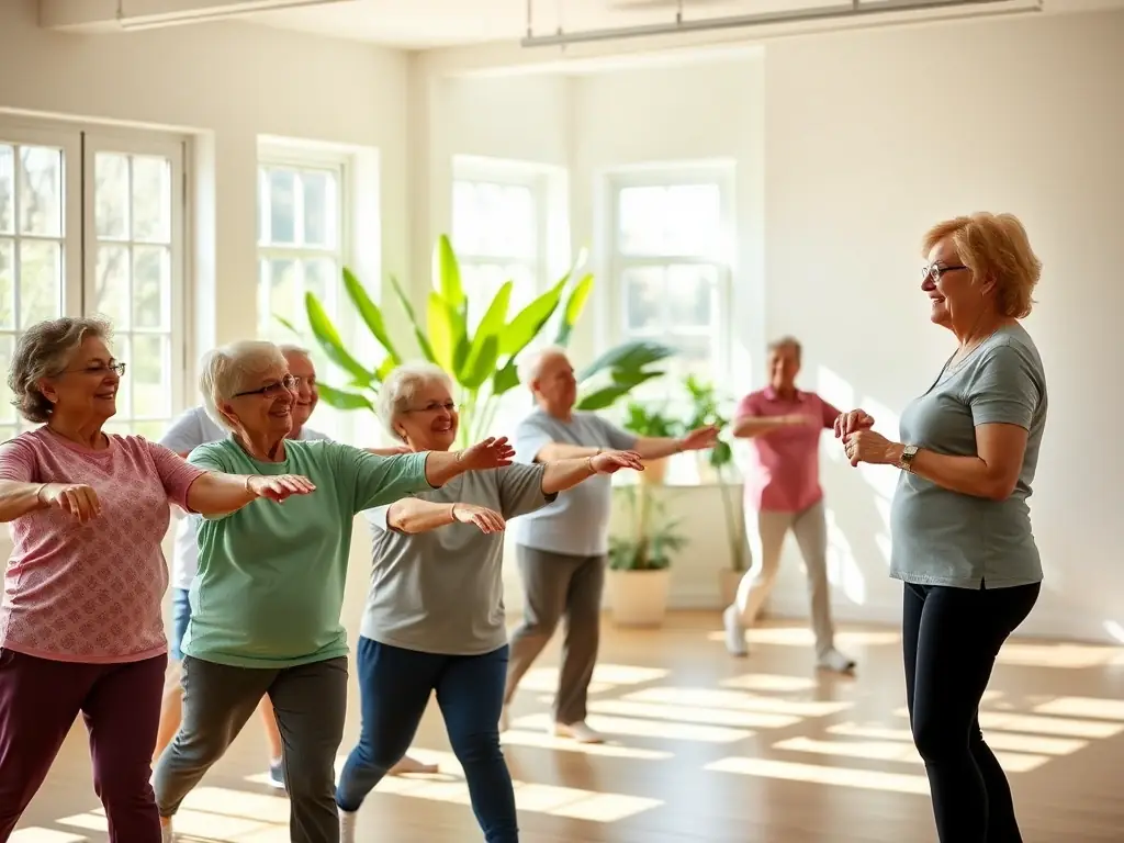 A group of retirees participating in a gentle stretching exercise class in a well-lit, spacious room. The atmosphere is relaxed and supportive, with participants smiling and engaging with the instructor.