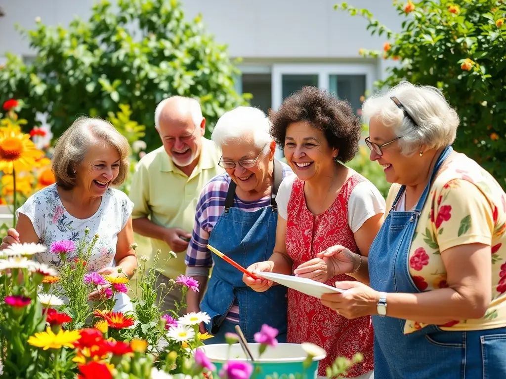 A group of seniors laughing and chatting while participating in a social dance session, promoting both physical activity and social interaction.