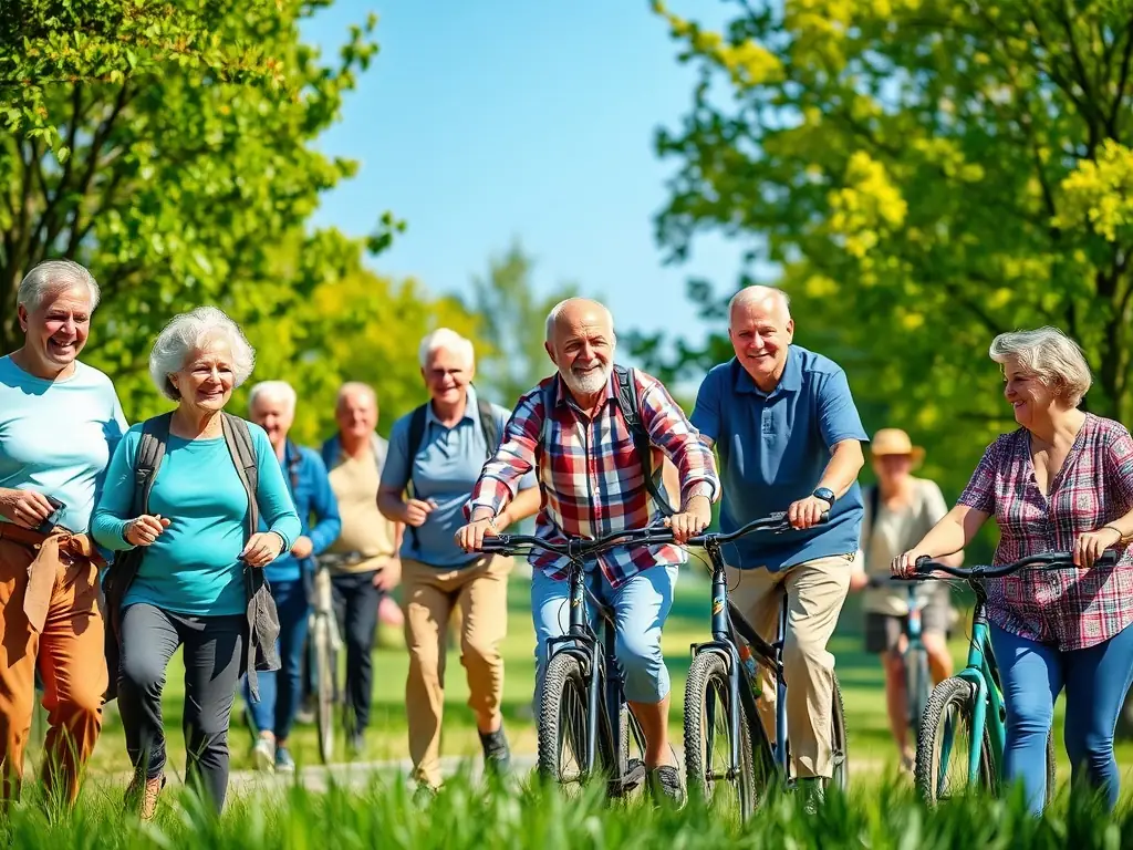 A group of seniors participating in an outdoor group walk, exploring a scenic trail in the Vallée de l'Authre. The weather is pleasant, and everyone is enjoying the fresh air and natural surroundings.