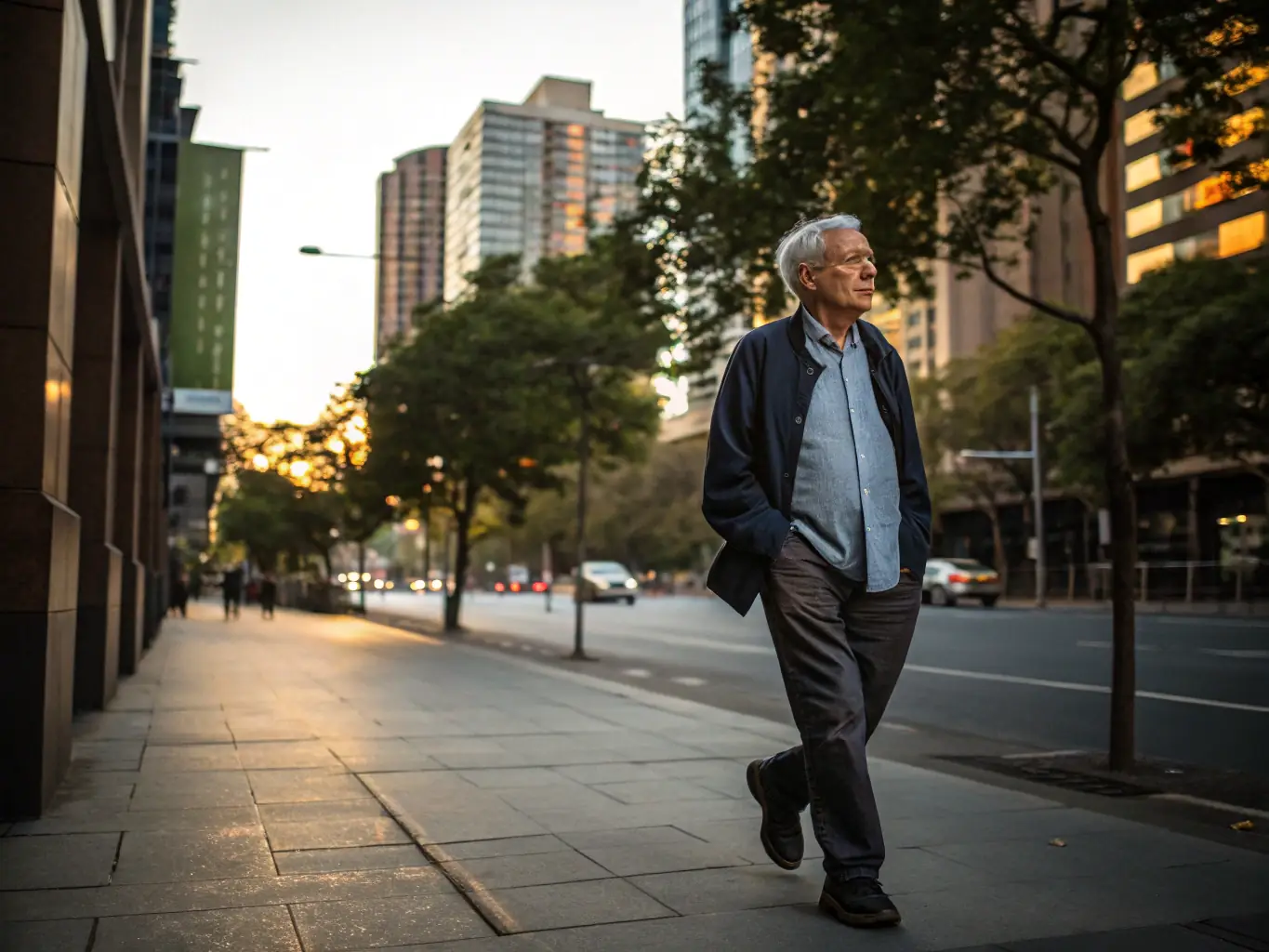 A senior man confidently walking with improved posture and balance after participating in mobility workshops, showcasing the benefits of adapted exercises.
