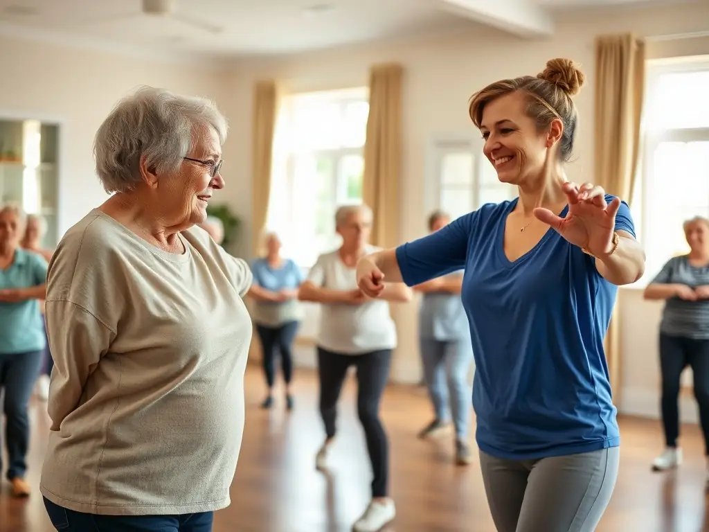 A group of retirees participating in a gentle stretching exercise class in a well-lit, spacious room. The instructor is demonstrating a stretch, and the participants are following along with smiles on their faces.
