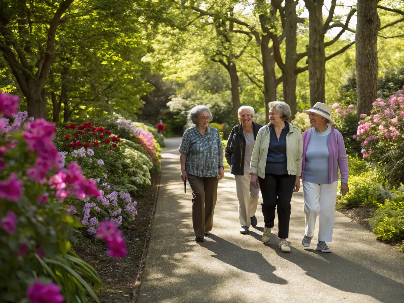 A group of retirees walking together on a scenic trail in the countryside. They are chatting and enjoying the fresh air and beautiful scenery.