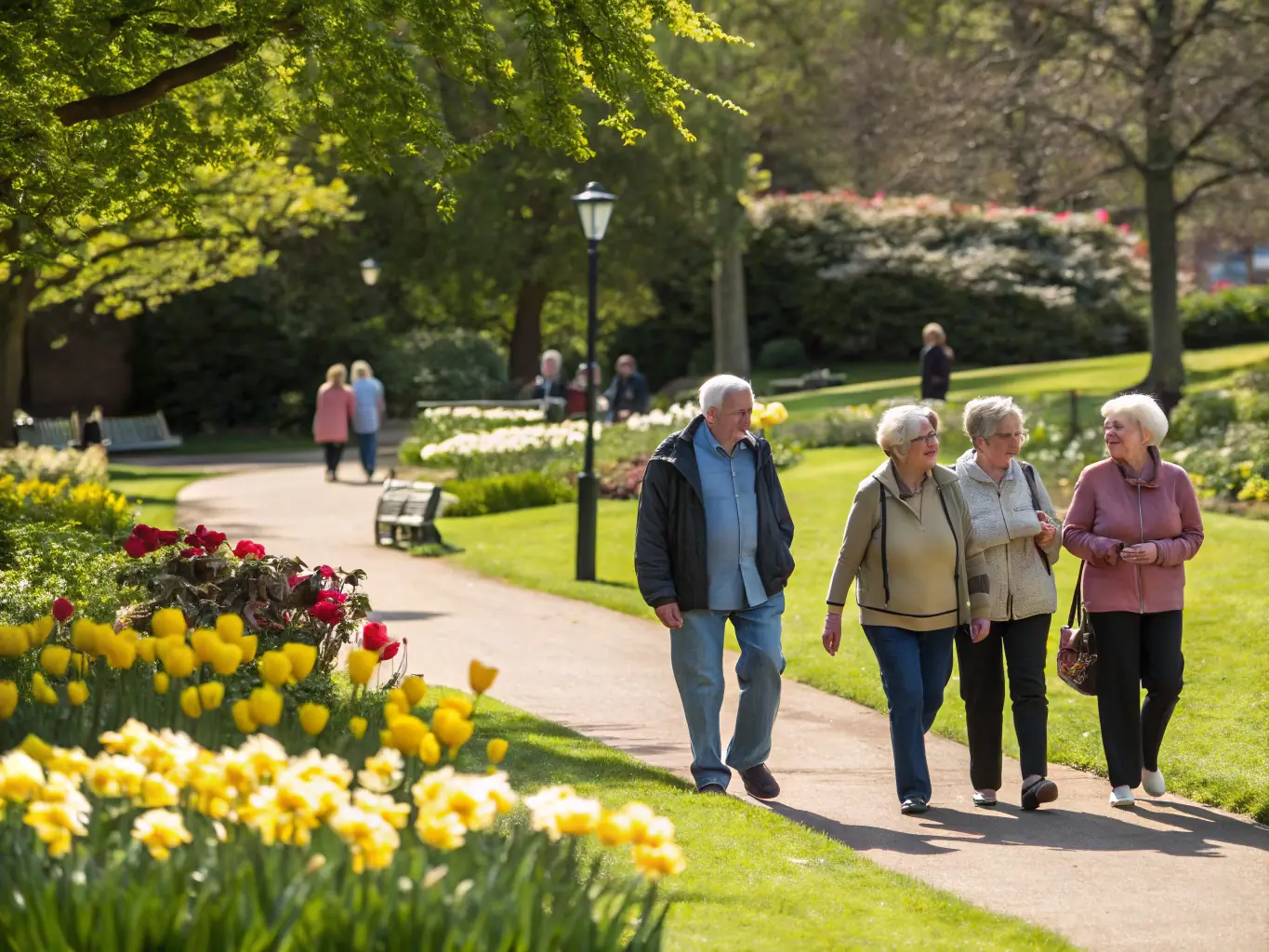 A group of retirees walking together in a scenic outdoor setting, such as a park or nature trail. The participants are dressed in comfortable walking attire and appear to be enjoying the fresh air and camaraderie.