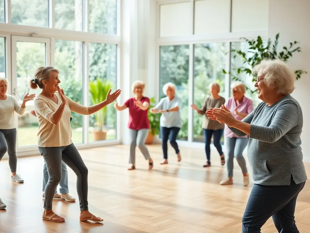 A group of retirees participating in a gentle stretching exercise class in a well-lit, spacious room. The participants are smiling and appear to be enjoying the activity, with an instructor guiding them.