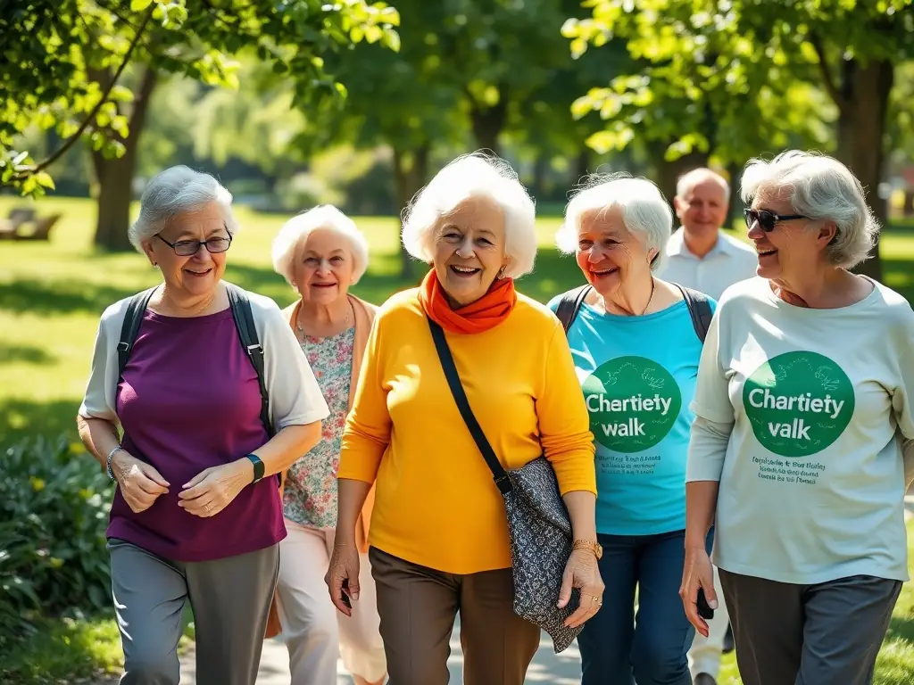 A photograph of a group of retirees enjoying a guided nature walk through a scenic park. The participants are chatting and laughing, showcasing the social aspect of the activity.
