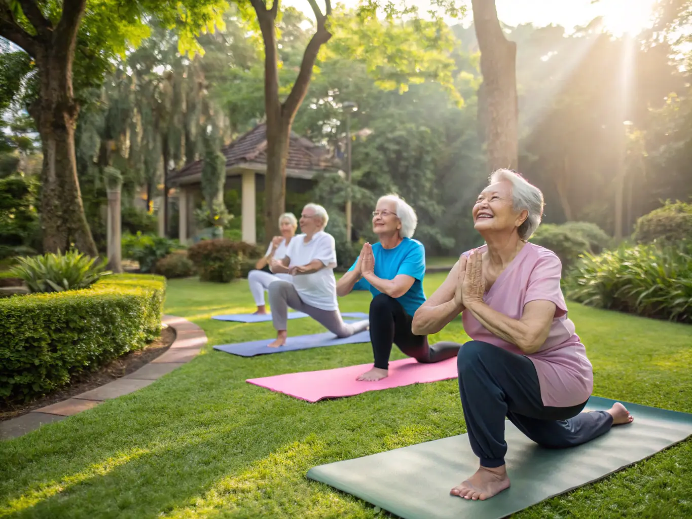 A group of smiling retirees participating in a gentle yoga class in a sunny park, focusing on flexibility and balance.