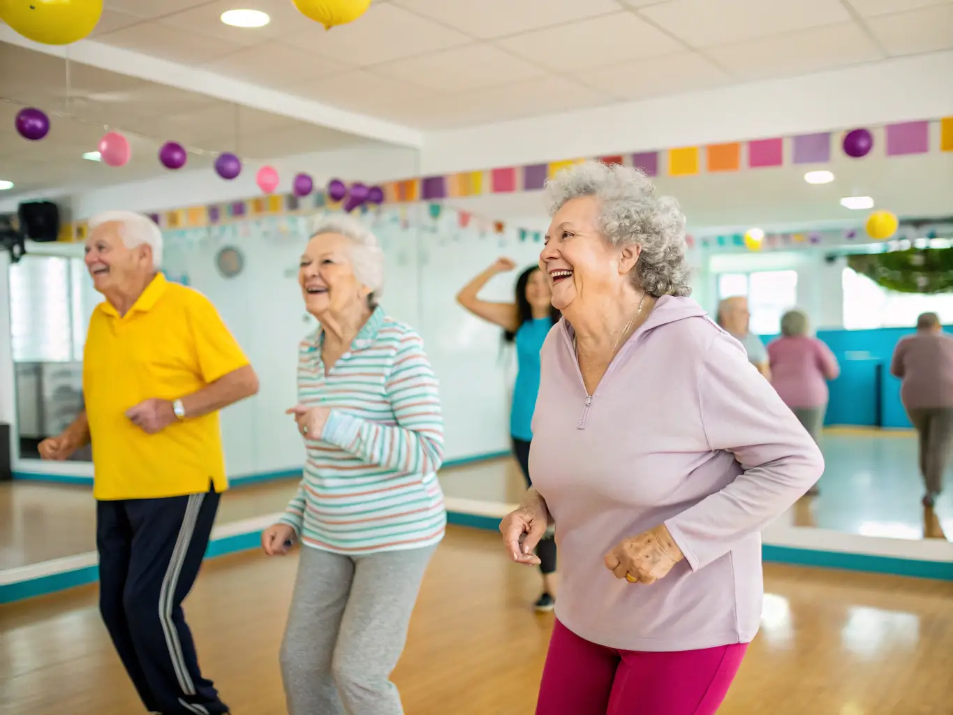 A group of retirees enjoying a social dance session in a community hall. They are laughing and smiling as they learn new dance steps together.