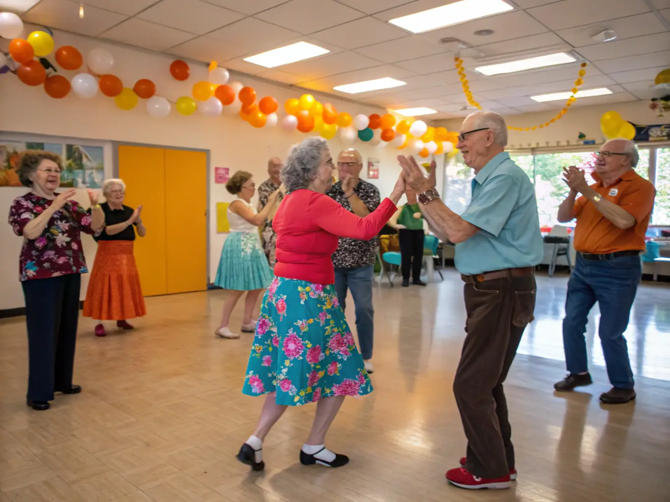 A group of retirees enjoying a social dance session, with music playing and everyone smiling and laughing. The setting is a community hall decorated for a festive occasion.